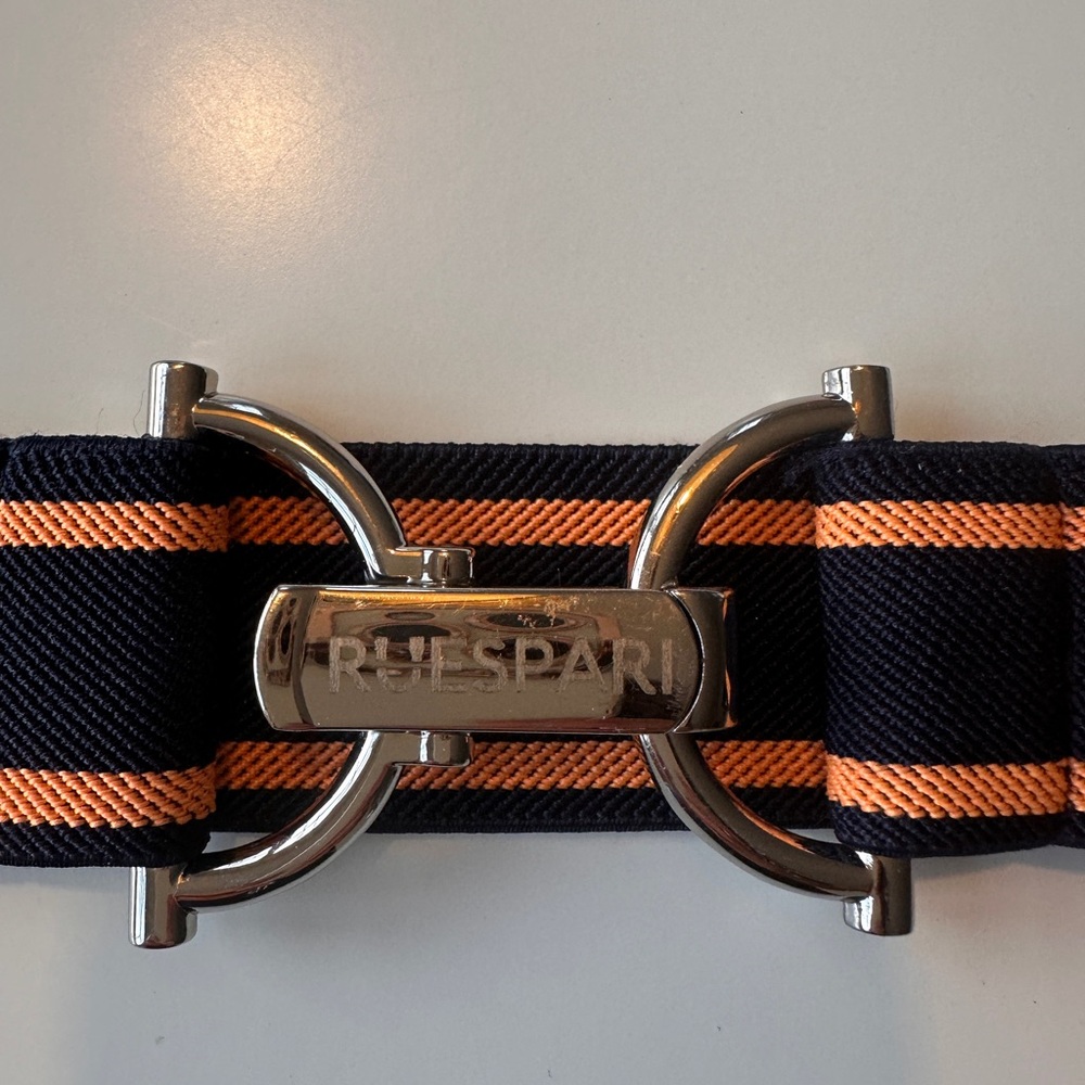 Ruespari Equestrian belt. Orange/Navy & Silver Engraved Clasp